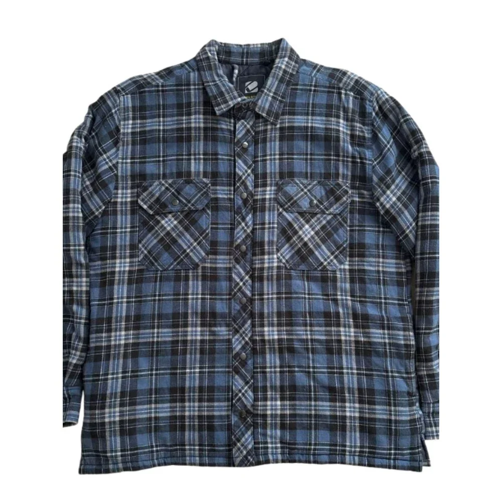 BC Clothing Mens M Blue Plaid Flannel Shirt Jacket Quilted Lined Cotton Shacket